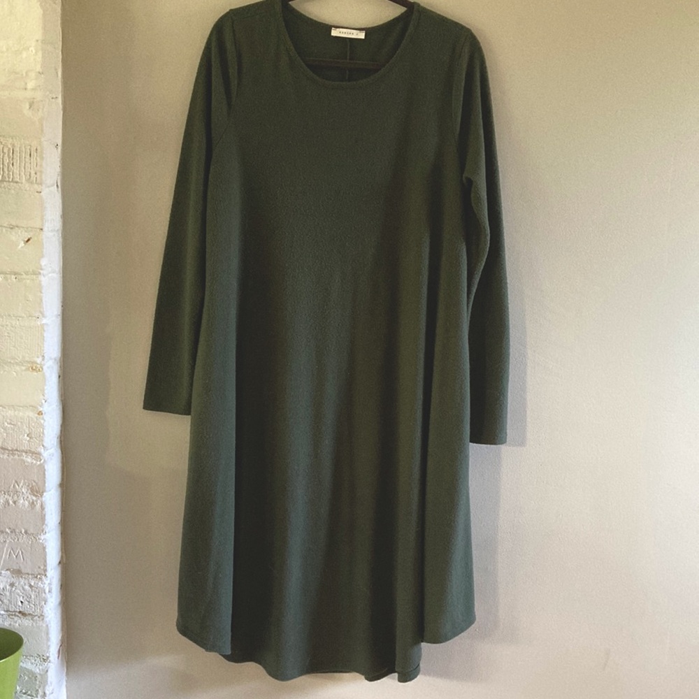 Cozy, relaxed fit fleece dress in olive green